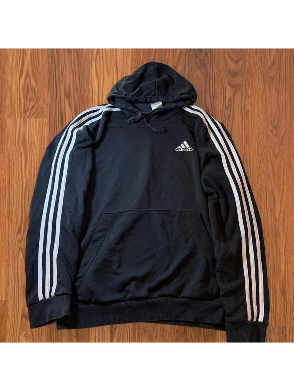 Adidas Men's Black Full Zip Hoodie Sweatshirt White Stripes Size M Athletic